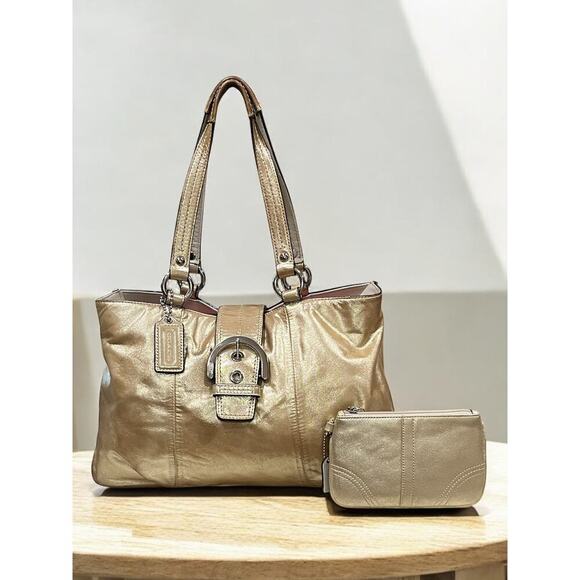 Coach F18751 Metallic Gold Soho Buckle Leather Carryall Bag & Soho Wristlet - Picture 1 of 15